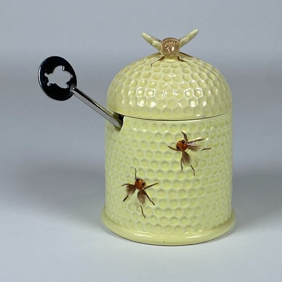 Vintage Lorrie Design Ceramic Honey Pot With Lid Honey Dipper Spoon Made Japan - Picture 5 of 11